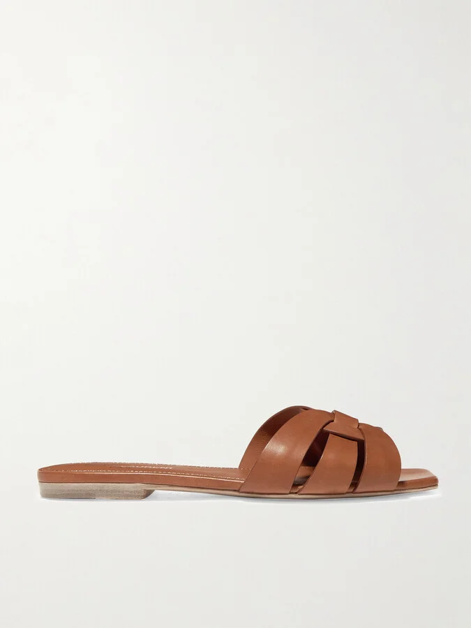 SAINT LAURENT - Tribute Woven Leather Slides - Brown