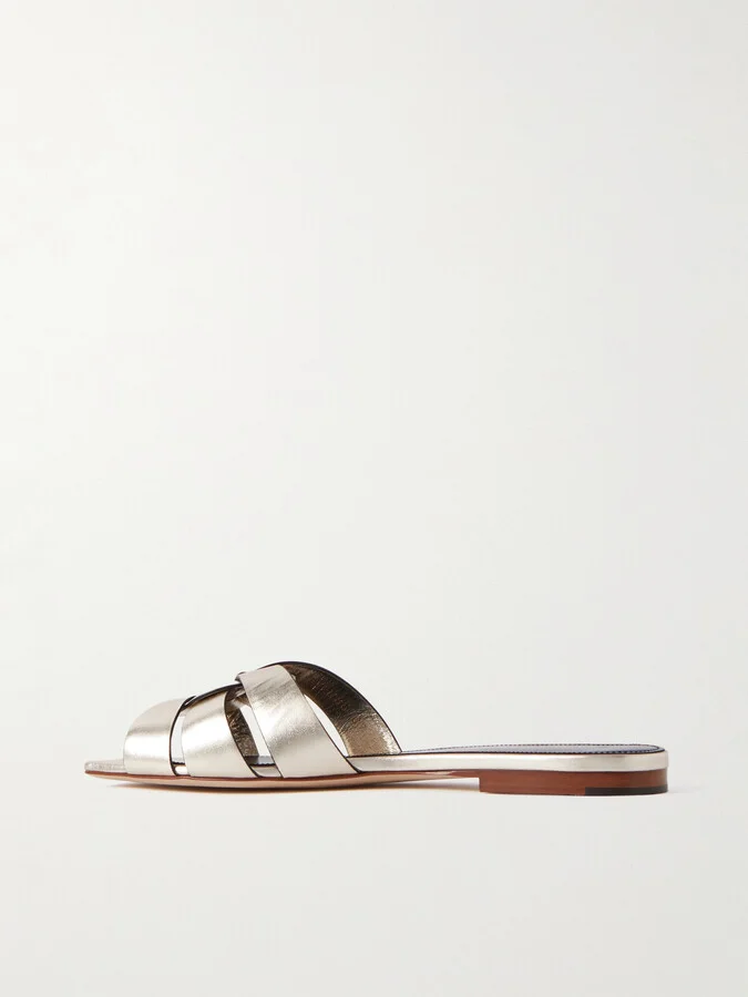 SAINT LAURENT - Tribute Woven Metallic Leather Slides - Silver - Image 3