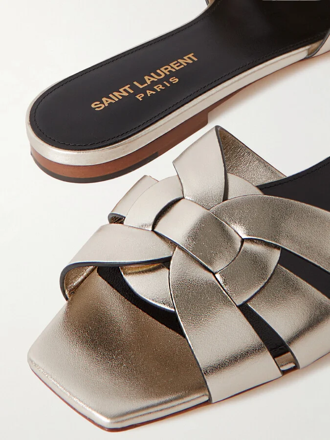 SAINT LAURENT - Tribute Woven Metallic Leather Slides - Silver - Image 4