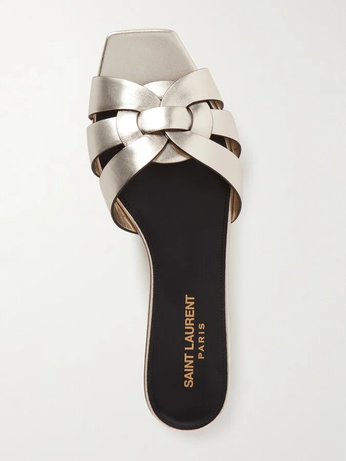 SAINT LAURENT - Tribute Woven Metallic Leather Slides - Silver - Image 5