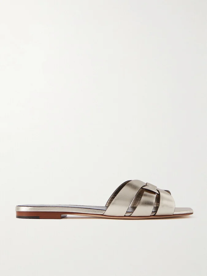 SAINT LAURENT - Tribute Woven Metallic Leather Slides - Silver