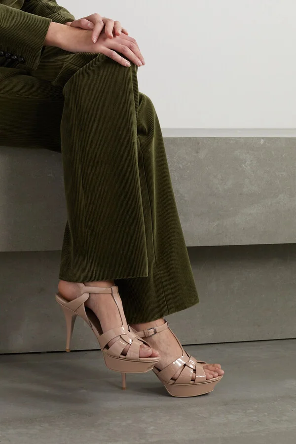 SAINT LAURENT - Tribute Woven Patent-leather Platform Sandals - Neutrals - Image 2
