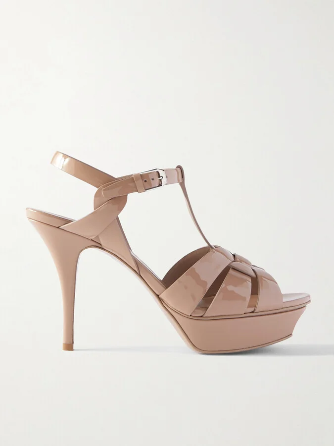 SAINT LAURENT - Tribute Woven Patent-leather Platform Sandals - Neutrals