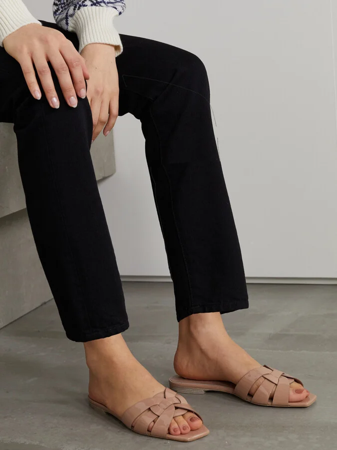 SAINT LAURENT - Tribute Woven Patent-leather Slides - Neutrals - Image 2