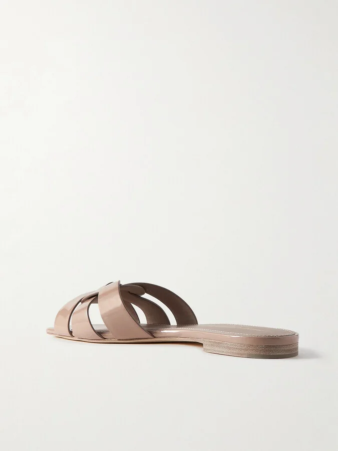 SAINT LAURENT - Tribute Woven Patent-leather Slides - Neutrals - Image 3