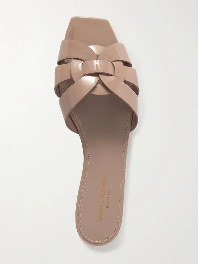 SAINT LAURENT - Tribute Woven Patent-leather Slides - Neutrals - Image 5