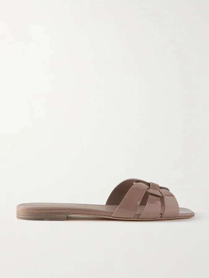 SAINT LAURENT - Tribute Woven Patent-leather Slides - Neutrals