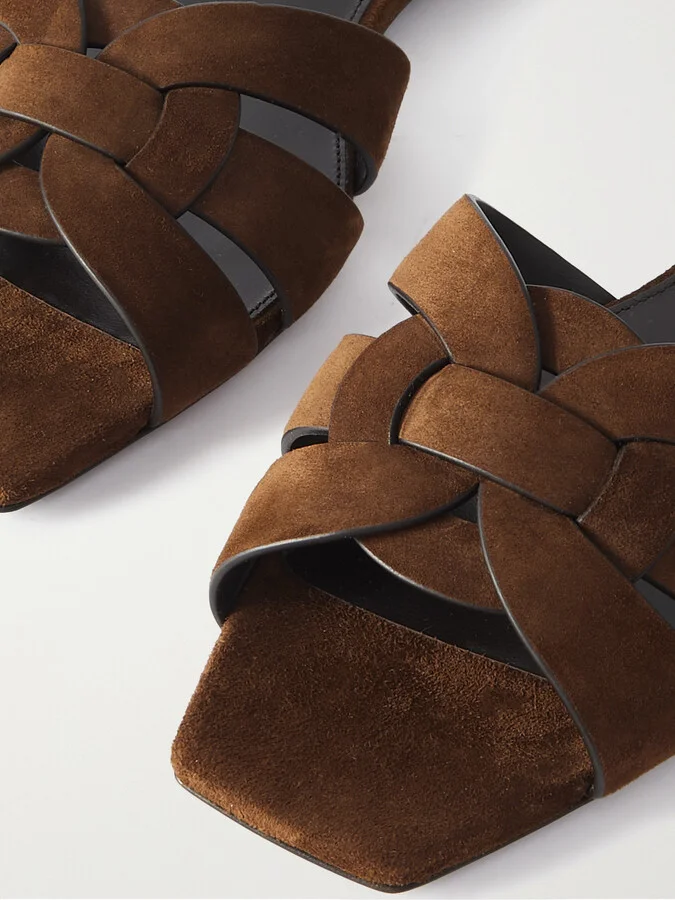 SAINT LAURENT - Tribute Woven Suede Slides - Brown - Image 4