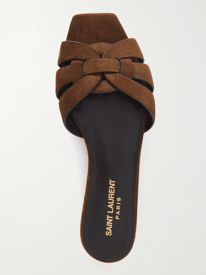 SAINT LAURENT - Tribute Woven Suede Slides - Brown - Image 5