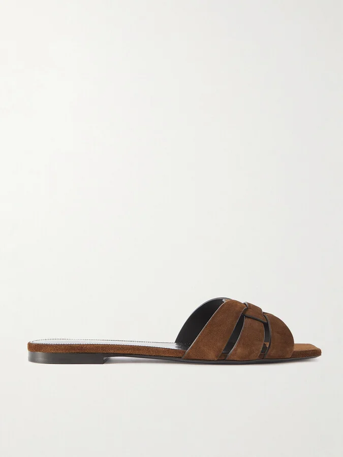 SAINT LAURENT - Tribute Woven Suede Slides - Brown