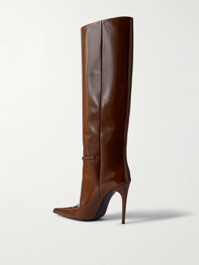 SAINT LAURENT - Vendôme Buckled Glossed-leather Knee Boots - Brown - Image 3