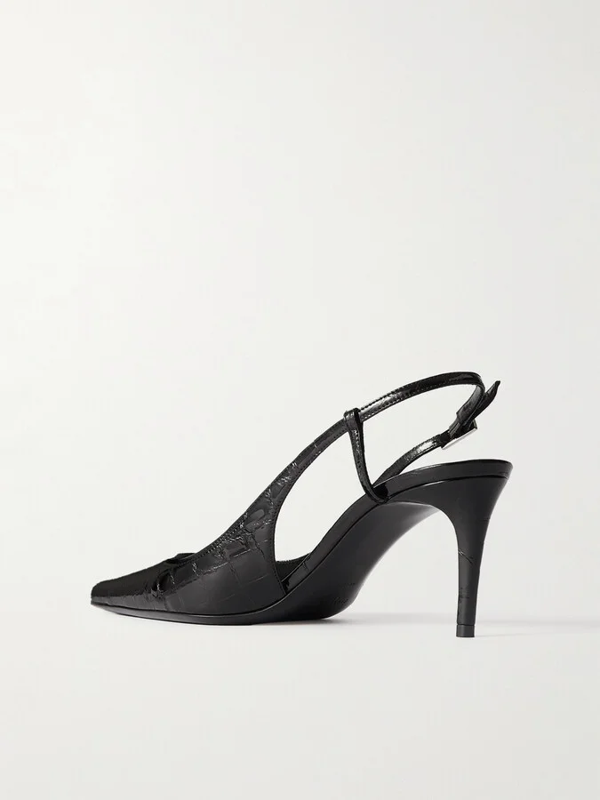 SAINT LAURENT - Vendome Glossed Croc-effect Leather Slingback Pumps - Black - Image 3