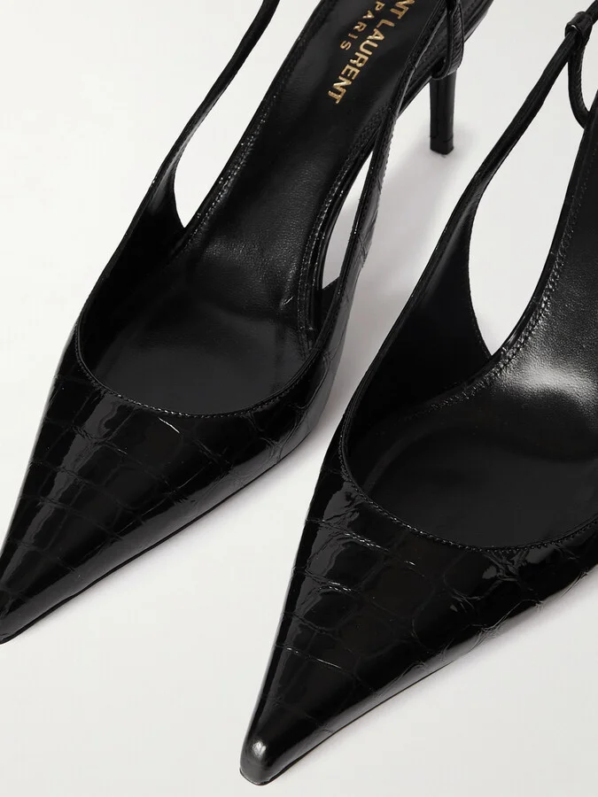 SAINT LAURENT - Vendome Glossed Croc-effect Leather Slingback Pumps - Black - Image 4