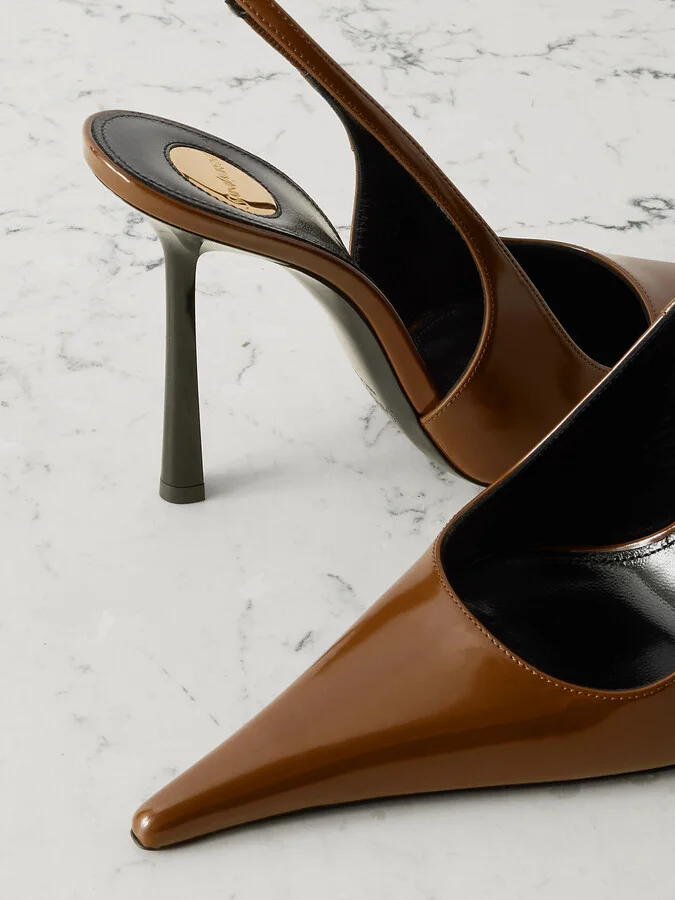SAINT LAURENT - Vendôme Glossed-leather Slingback Pumps - Brown - Image 4
