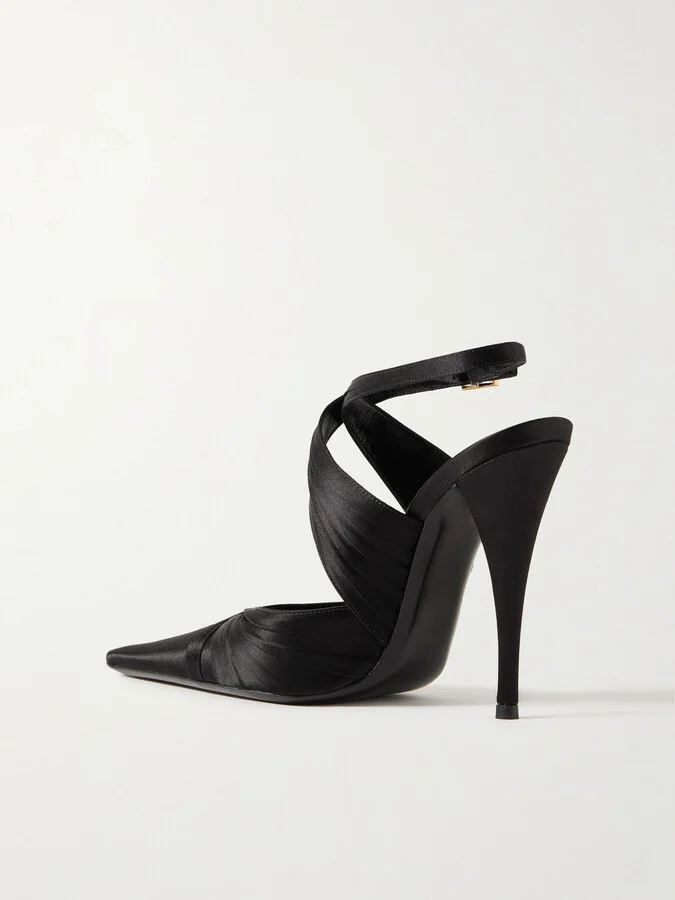SAINT LAURENT - Véronique Crystal-embellished Pleated Satin Pumps - Black - Image 3