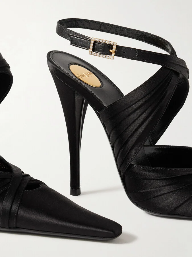 SAINT LAURENT - Véronique Crystal-embellished Pleated Satin Pumps - Black - Image 4