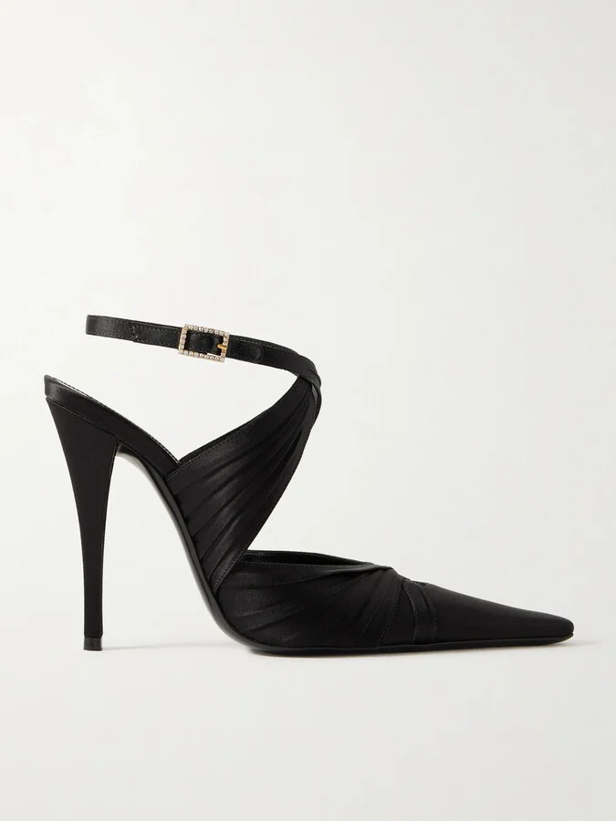 SAINT LAURENT - Véronique Crystal-embellished Pleated Satin Pumps - Black