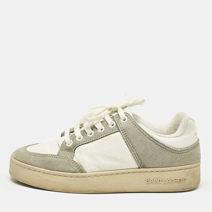Saint Laurent White/Grey Perforated Leather and Suede SL/61 Sneakers Size 37