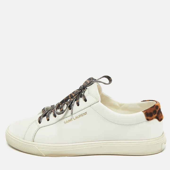 Saint Laurent White Leather and Pony Hair Leopard Print Andy Low Top Sneakers Size 38