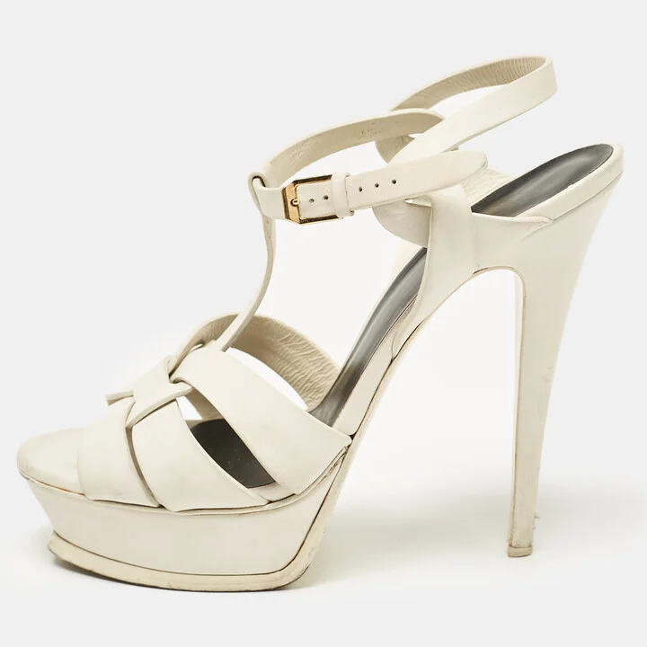 Saint Laurent White Leather Tribute Platform Sandals Size 40