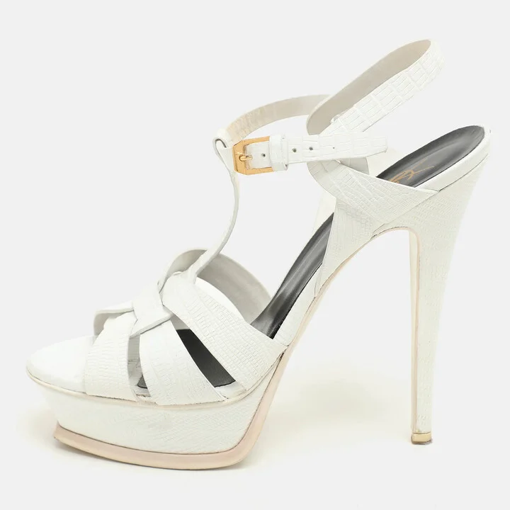 Saint Laurent White Lizard Embossed Leather Tribute Platform Sandals Size 39