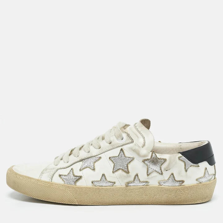 Saint Laurent White/Silver Leather Court Classic Low Top Sneakers Size 38