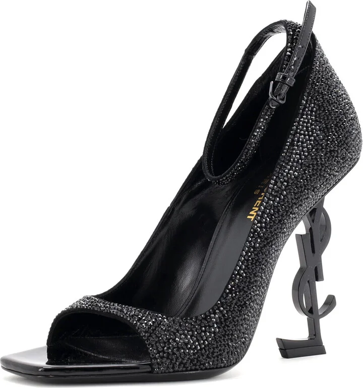 Saint Laurent Womenâs Opyum Peep Toe Pumps Crystal Embellished Leather 110