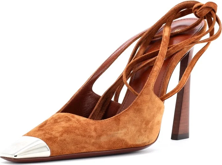 Saint Laurent Women's Blade Square Cap Toe Ankle Wrap Pumps Suede with Metal 105