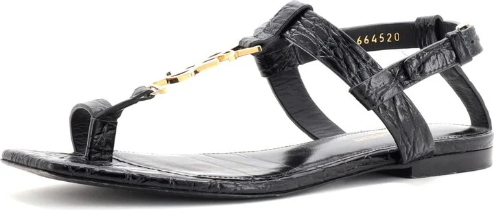 Saint Laurent Women's Cassandra Flat Sandals Crocodile Embossed Leather