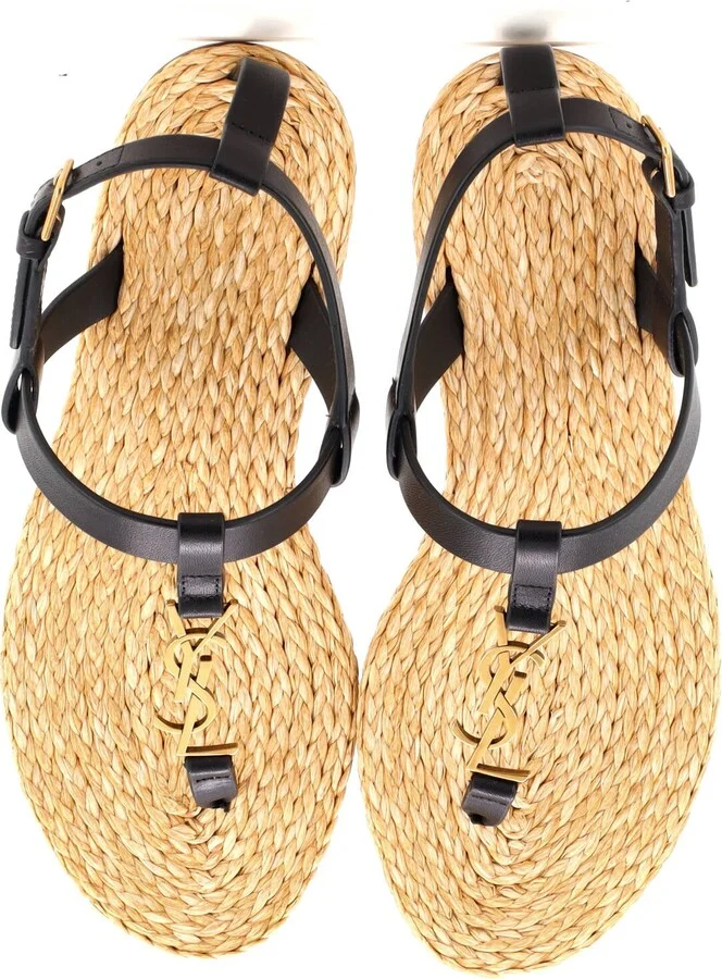 Saint Laurent Women's Monogram Thong Sandals Leather and Raffia - Image 2
