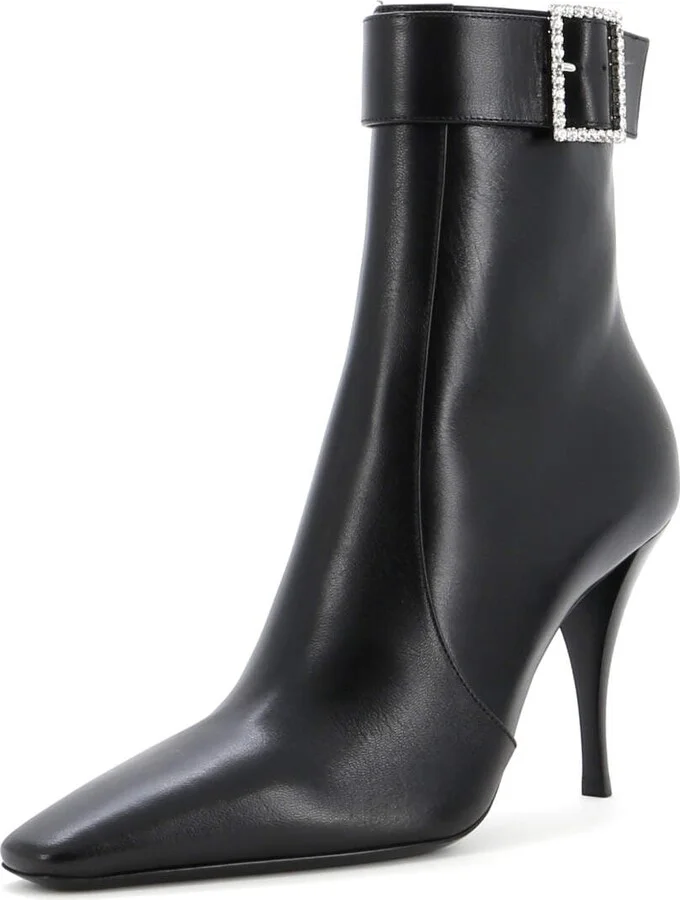 Saint Laurent Women's Tom Ankle Boots Leather with Crystal Buckle