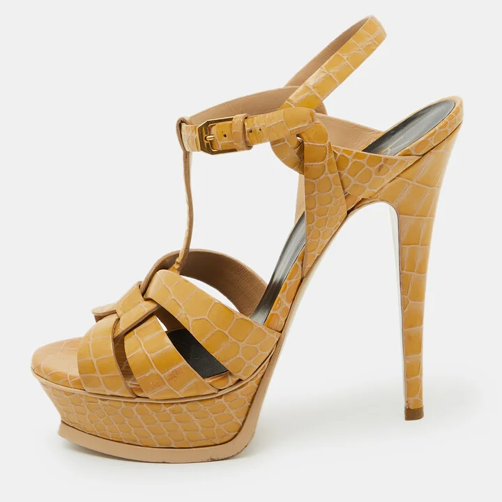 Saint Laurent Yellow Croc Embossed Leather Tribute Platform Sandals Size 38