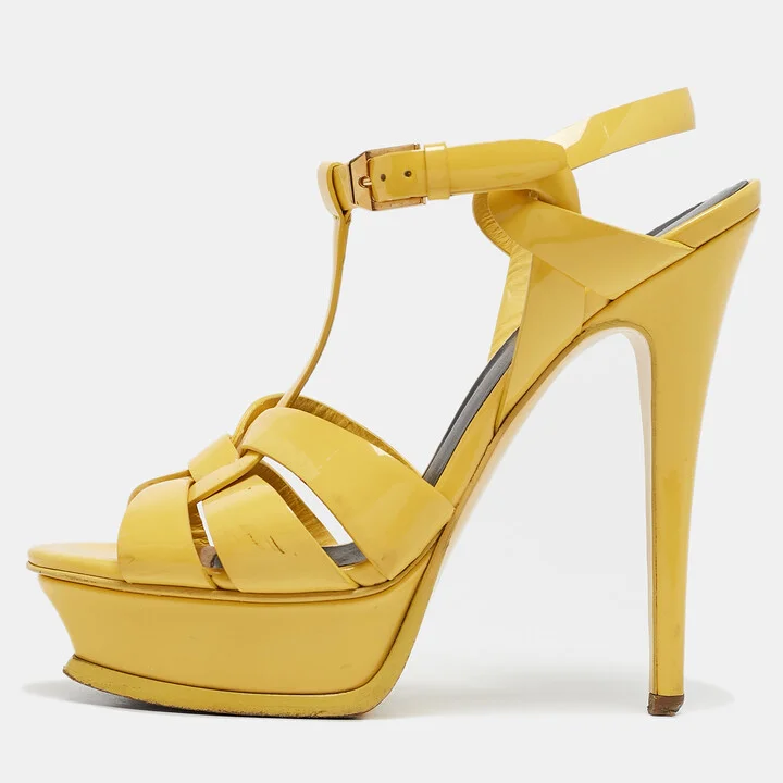 Saint Laurent Yellow Patent Leather Tribute Platform Sandals Size 35