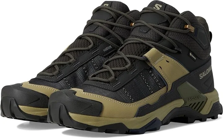 Salomon X Ultra 5 Mid GTX(r) Men's Running Shoes Peat/Gray Green/Blue Nights : 10.5 D - Medium, Leather