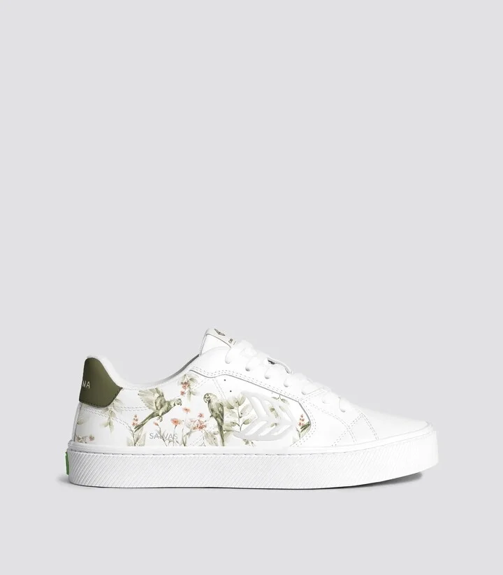 SALVAS Leather White Khaki Parrot Print Men