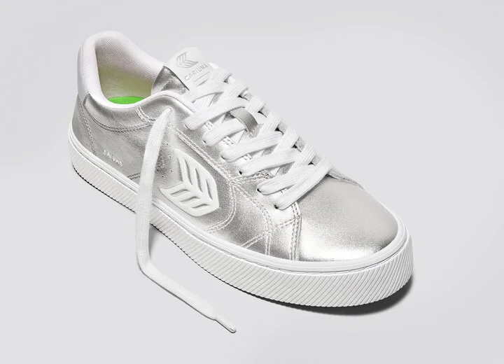 SALVAS Metallic Silver Leather White Logo Sneaker Women - Image 4