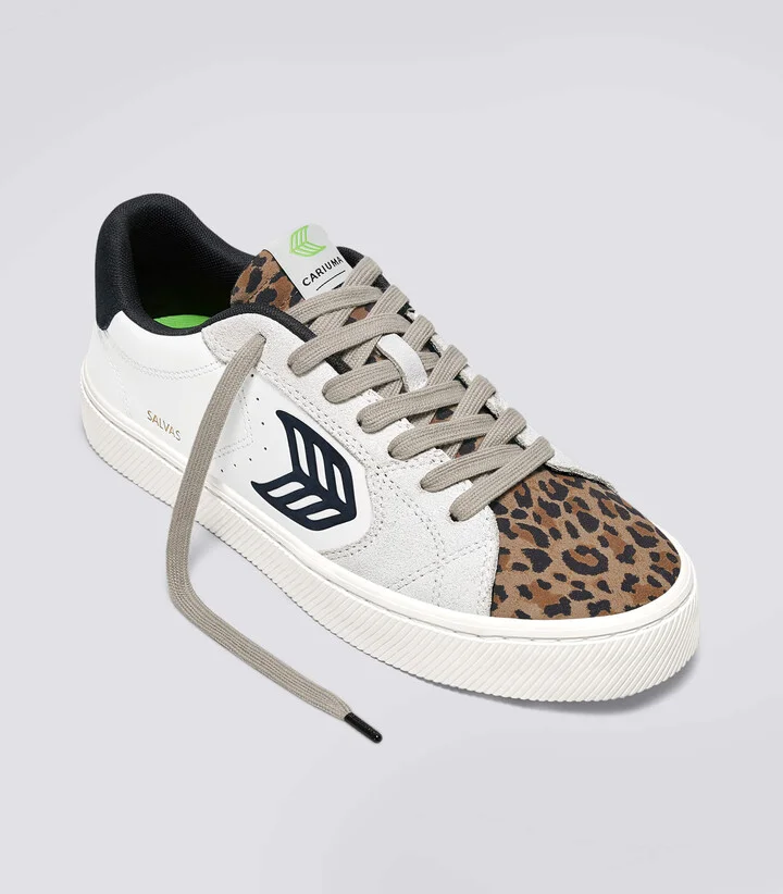 SALVAS White Leather Leopard Print Suede Black Logo Sneaker Women - Image 2