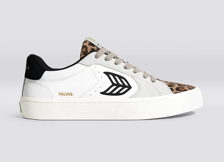 SALVAS White Leather Leopard Print Suede Black Logo Sneaker Women - Image 3