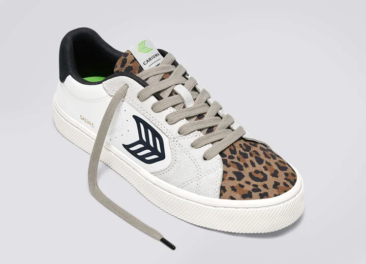 SALVAS White Leather Leopard Print Suede Black Logo Sneaker Women - Image 4
