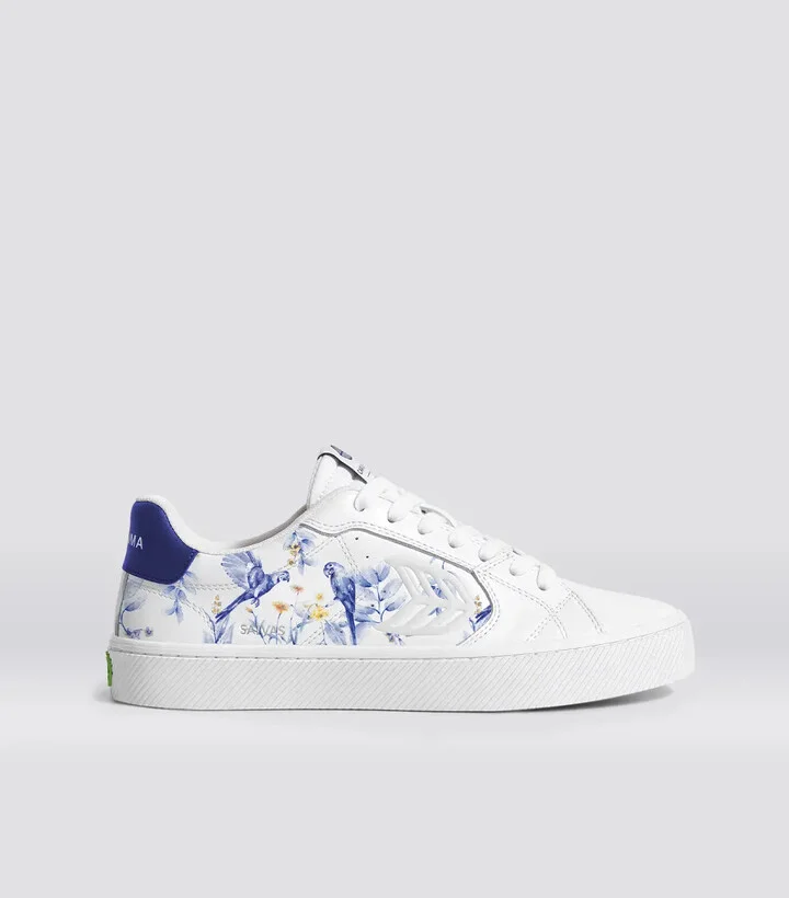 Salvas White Leather Spectrum Blue Parrot Print Sneaker Men