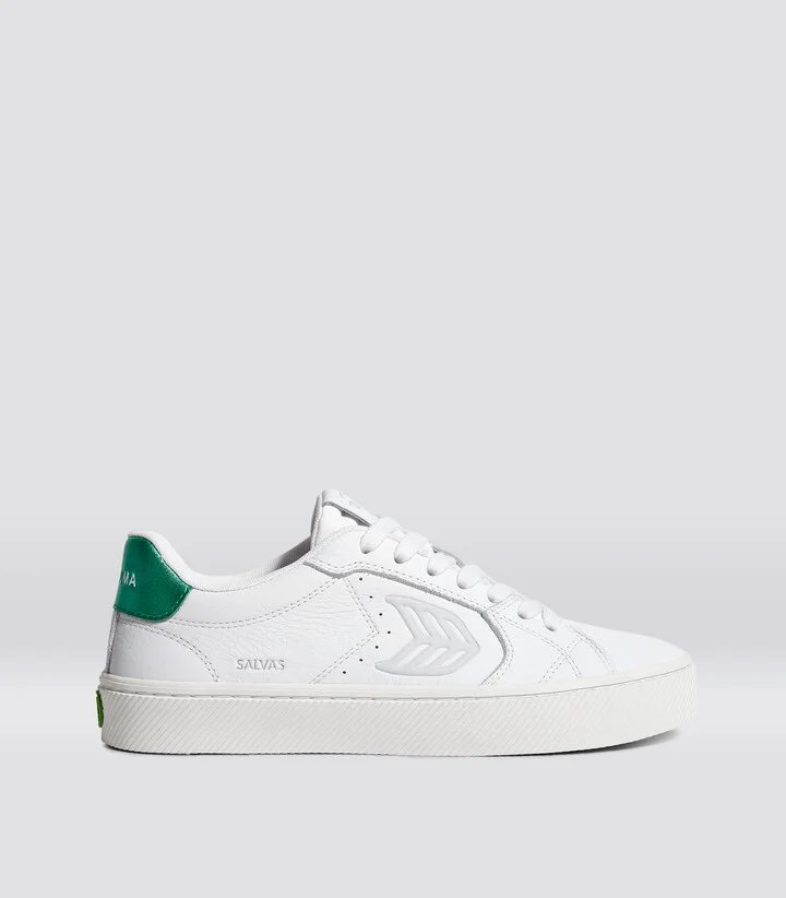 SALVAS White Premium Leather Ice Logo Metallic Green Sneaker Men