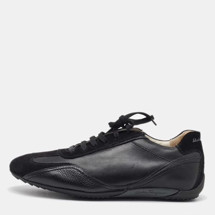 Salvatore Ferragamo Black Leather and Suede Low Top Sneakers Size 41.5