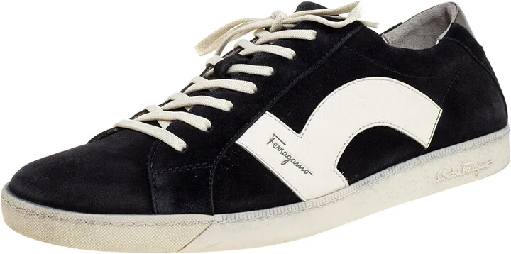 Salvatore Ferragamo Black/White Leather and Suede Low Top Sneakers Size 45