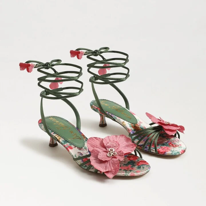 Sam Edelman Carla Lace Up Kitten Heel Green Agave Satin