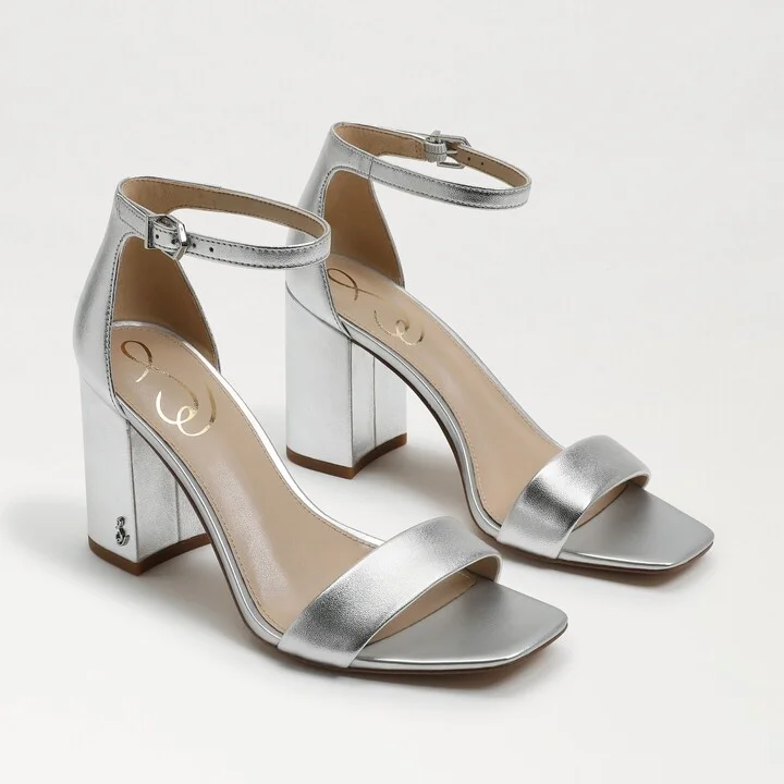 Sam Edelman Daniella Block Heel Sandal Silver Metallic Leather