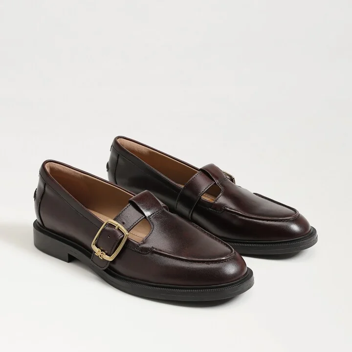 Sam Edelman Elaina T-Strap Buckle Loafer Dark Brown Leather