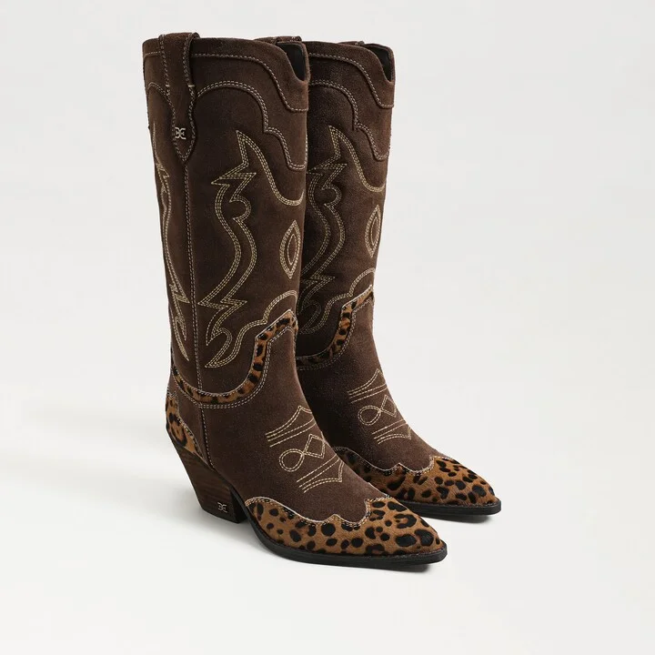 Sam Edelman James Wide Calf Western Boot Chocolate/Tan Leopard Suede
