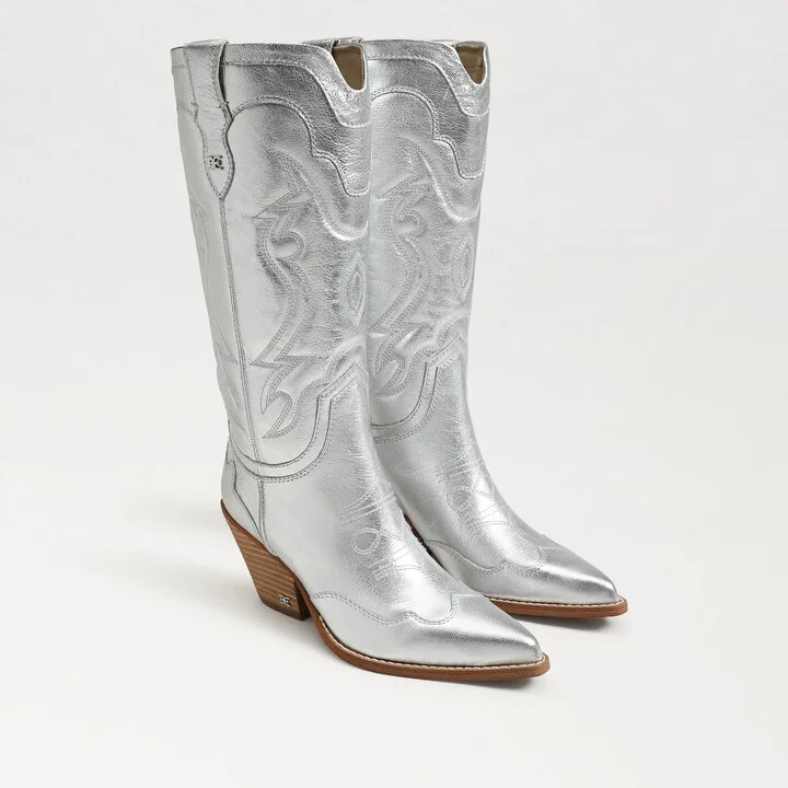Sam Edelman James Wide Calf Western Boot Silver Leather