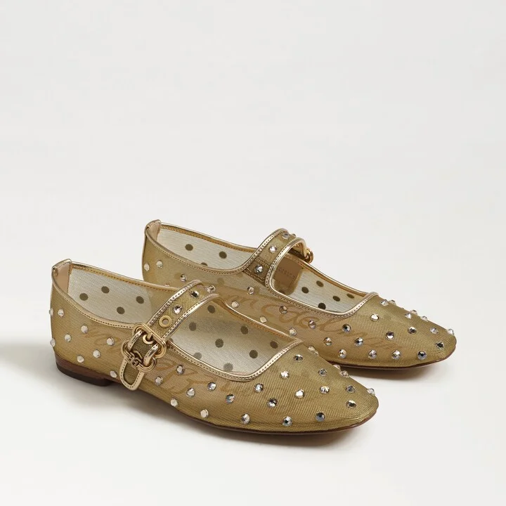 Sam Edelman Michaela Shine Mary Jane Flat Amber Gold Mesh Fabric