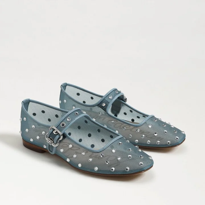 Sam Edelman Michaela Shine Mary Jane Flat Coastal Blue Mesh Fabric
